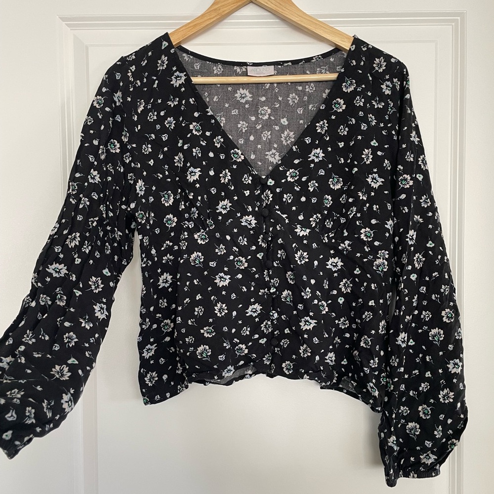 Women’s Black Flower Partial Crop Blouse
